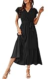 PRETTYGARDEN Women's 2024 Floral Boho Dress Wrap V Neck Short Sleeve Belted Ruffle Hem A-Line Flowy...