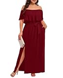 Plus Size Off Shoulder Long Burgundy Maxi Slit Beach Casual Summer Formal Wedding Guest Ruffle Dress...