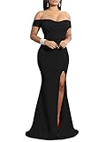 YMDUCH Women's Off Shoulder High Split Long Formal Party Dress Evening Gown Black