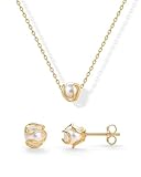 PAVOI 14K Yellow Gold Plated Rounded Shell Pearl Necklace and Stud Earring Set for Women | Jewelry...