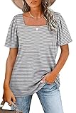 WIHOLL Plus Size Tops for Women Short Sleeve Stripes Summer Tshirts Fashion Grey XXL