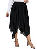Verdusa Women's Plus Size Elastic High Waist Asymmetrical A Line Chiffon Midi Skirt Black 2XL