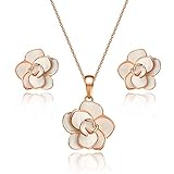 EVEVIC Rose Flower Necklace Earrings Set for Women 18K Gold Plated Jewelry Sets (White)