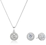 Amazon Essentials womens Sterling Silver Cubic Zirconia Halo Pendant Necklace and Stud Earrings...