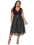 Floerns Women's Plus Size V Neck Sleeveless Sequin Cocktail Party Midi Dress Black 2XL