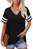 Short Sleeve Black Shirts for Women Casual Ladies Tops Loose Fit V Neck T Shirts Plus Size XXL