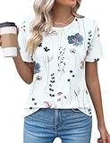 Kistore Women's White Floral Shirts for Women Dressy Casual Short Sleeve Crew Neck Tunic Tops for...