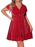 Floerns Women's Plus Size Glitter Wrap V Neck Short Sleeve Party A Line Dress Red 2XL