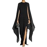 MAYFASEY Women's Flare Chiffon Sleeve High Split Formal Evening Gown Maxi Dress with Cape Black L