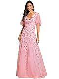 Ever-Pretty Women's Sequin Sparkly V-Neck Short Sleeve Maxi Evening Dress Pink US14