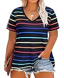 CARCOS Plus Size Tops for Women 3X Short Sleeve Striped T Shirts V Neck Black Blouses Rainbow Stripe...