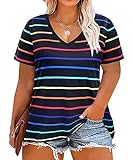 CARCOS Plus Size Tops for Women 3X Short Sleeve Striped T Shirts V Neck Black Blouses Rainbow Stripe...