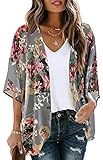 Women's Floral Print Puff Sleeve Kimono Cardigan Loose Cover Up Casual Blouse Tops(Dark grey,L)