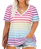 CARCOS Women Plus Size Tops 3X Summer Tshirt Rainbow Striped Tee Colorful V Neck Pullover Basic...