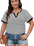 Floerns Women's Plus Size Striped Print Notched Neck Short Sleeve Tee Shirt Black and White 2XL