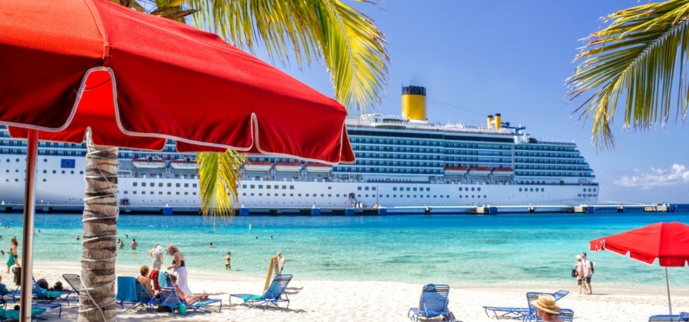 tropical beach with cruise ship