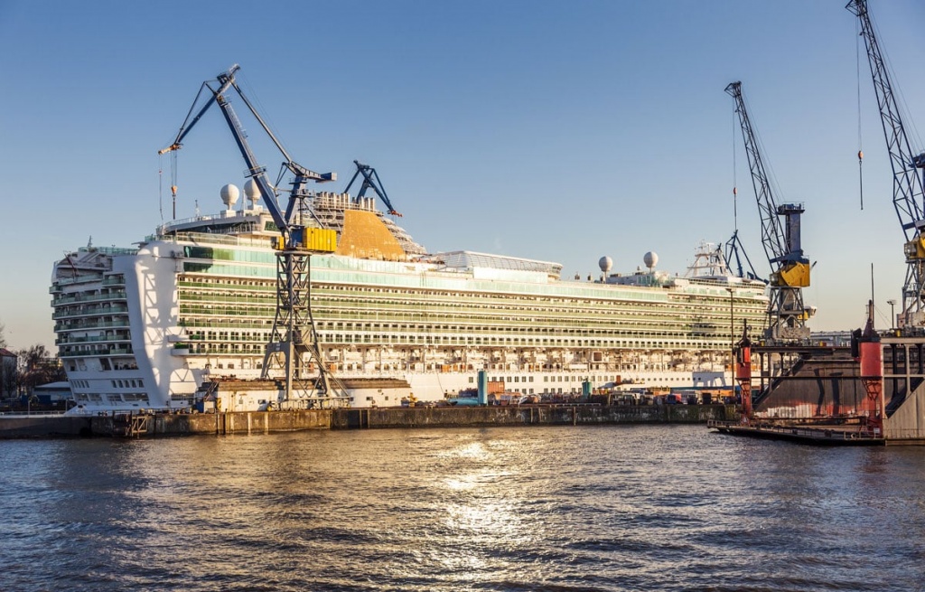 Cruise Ship in the Dry Dock at Sunset