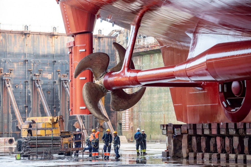 Engineers repairing a Cruise ship in dry dock