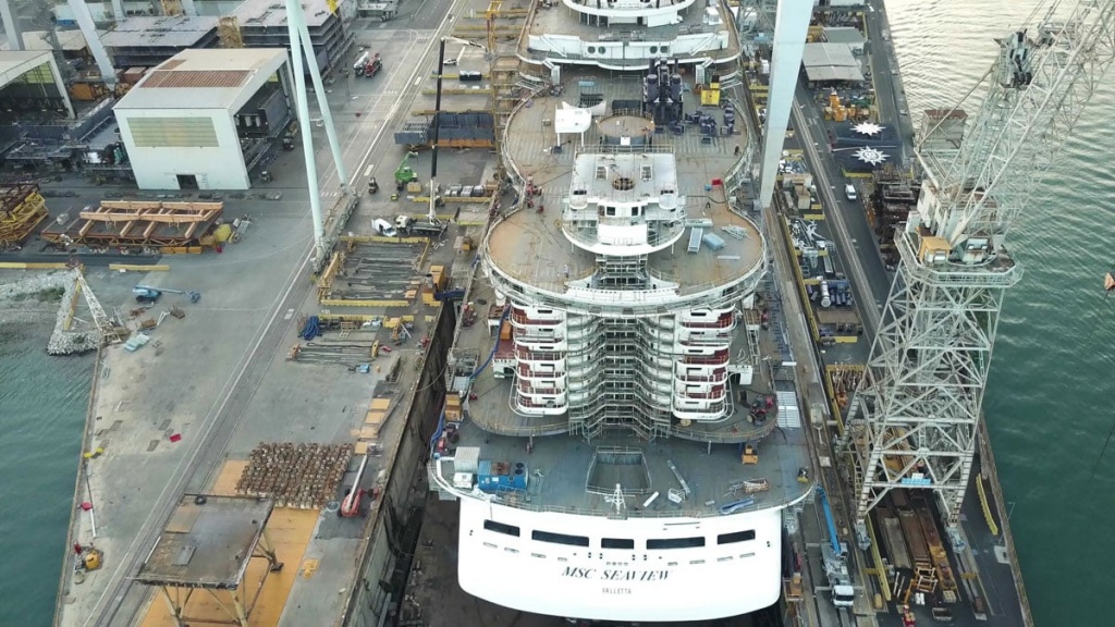 unfinished cruise ship MSC Seaview at the Fincantieri shipyard