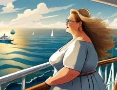 plus size lady on cruise ship balcony looking at the sea