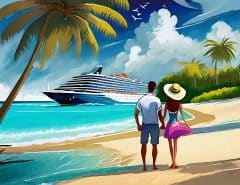The Bahamas with a cruise ship and couple on the beach