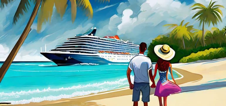 The Bahamas with a cruise ship and couple on the beach