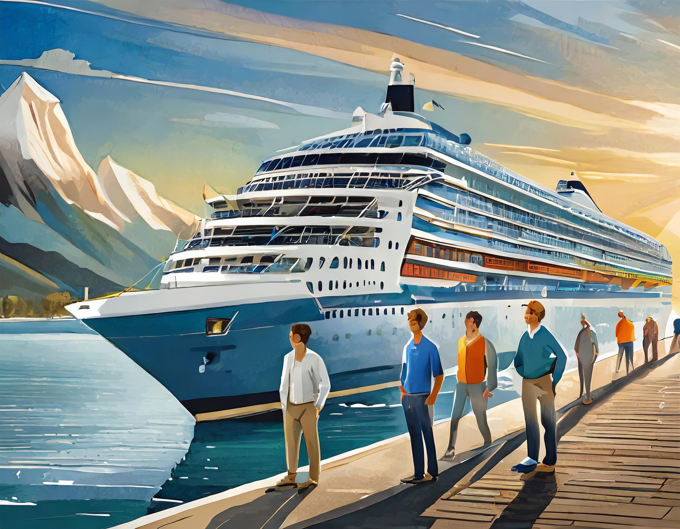 cruise ship in port a few men standing nearby wearing casual clothes