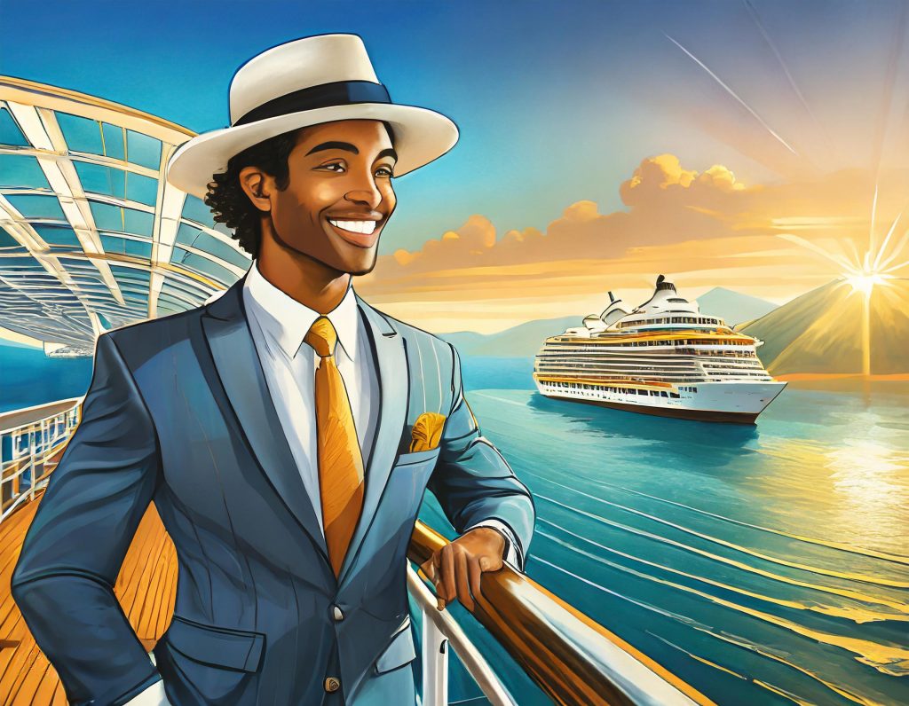 man on cruise ship deck wearing formal clothes