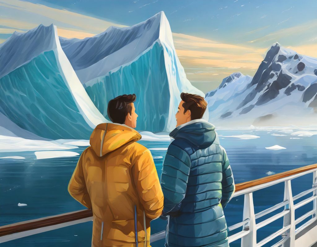 young men on cruise ship deck wearing arctic clothing looking at iceberg