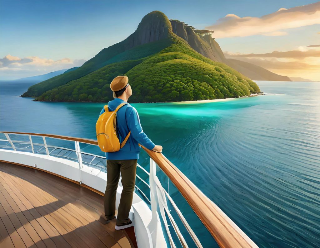 young men on cruise ship deck wearing casual wear looking at a green island