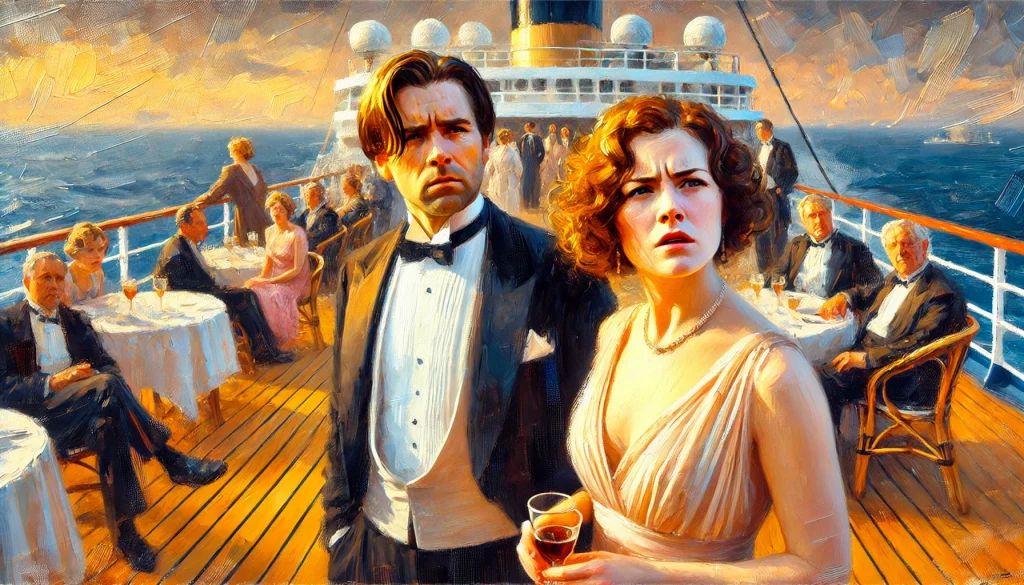 couple in formal attire looking confused